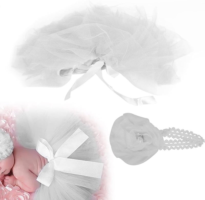 Newborn Baby Girl Photo Props Set Soft Elastic Skirt Headdress Cotton Nylon Yarn 0 3 Months - Image 2